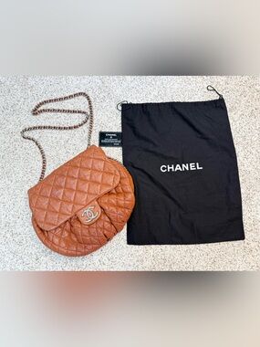 Chanel Quilted Large Chain Around Flap Messenger Bag Brown Camel Silver Hardware